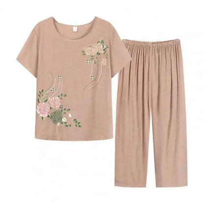Summer Pant Two Pieces Set Women Short Sleeve Elegant Floral Print  Suits T-shirt Loose Pants Sets Outfit Middle-aged