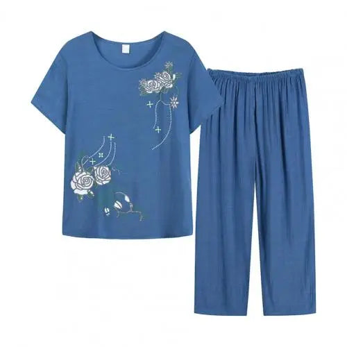 Summer Pant Two Pieces Set Women Short Sleeve Elegant Floral Print  Suits T-shirt Loose Pants Sets Outfit Middle-aged