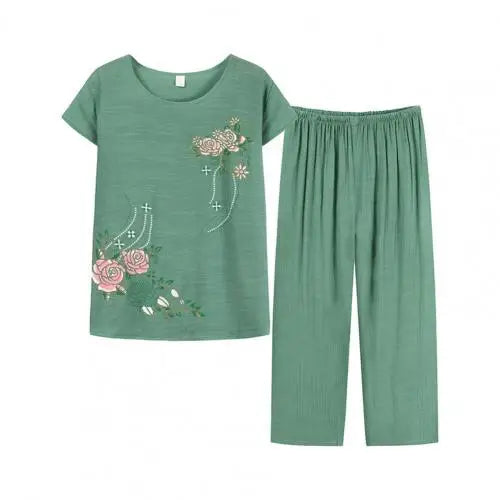 Summer Pant Two Pieces Set Women Short Sleeve Elegant Floral Print  Suits T-shirt Loose Pants Sets Outfit Middle-aged