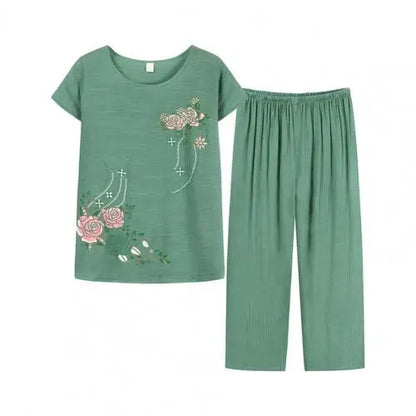 Summer Pant Two Pieces Set Women Short Sleeve Elegant Floral Print  Suits T-shirt Loose Pants Sets Outfit Middle-aged