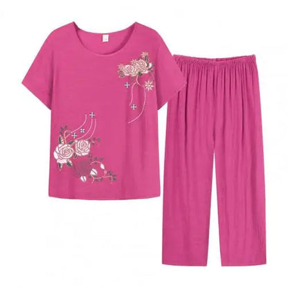 Summer Pant Two Pieces Set Women Short Sleeve Elegant Floral Print  Suits T-shirt Loose Pants Sets Outfit Middle-aged