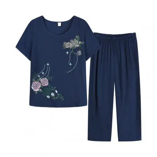 Summer Pant Two Pieces Set Women Short Sleeve Elegant Floral Print  Suits T-shirt Loose Pants Sets Outfit Middle-aged