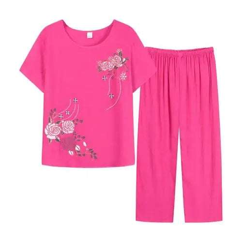 Summer Pant Two Pieces Set Women Short Sleeve Elegant Floral Print  Suits T-shirt Loose Pants Sets Outfit Middle-aged