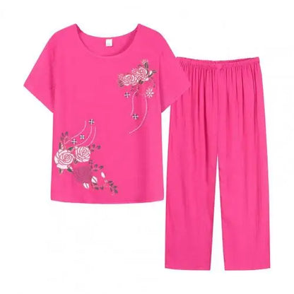 Summer Pant Two Pieces Set Women Short Sleeve Elegant Floral Print  Suits T-shirt Loose Pants Sets Outfit Middle-aged
