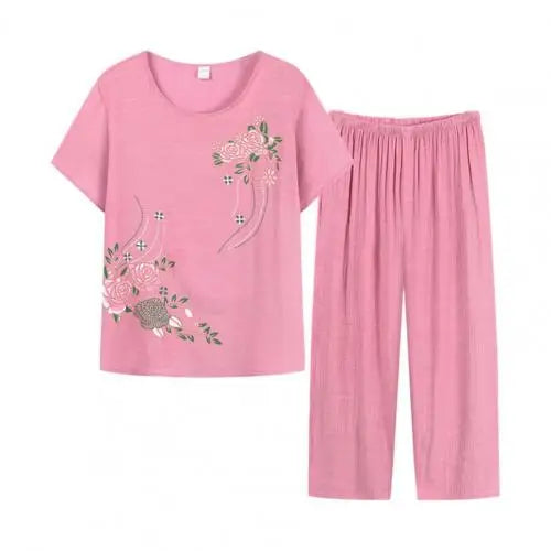 Summer Pant Two Pieces Set Women Short Sleeve Elegant Floral Print  Suits T-shirt Loose Pants Sets Outfit Middle-aged