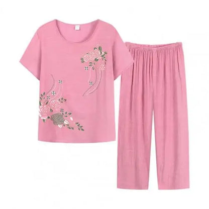 Summer Pant Two Pieces Set Women Short Sleeve Elegant Floral Print  Suits T-shirt Loose Pants Sets Outfit Middle-aged