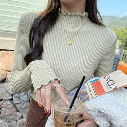 Fashion Ruffled Knitted Pullover Long Sleeved Sweater Women Bottoming Inner Shirt Elegant Autumn Winter Slim Casual Basic Tops