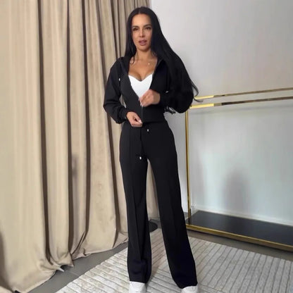 2025 Sweat Suit Set Womens Slim Solid Color Zipper Short Long Sleeve Wide-leg Trousers Conjunto De 2 Piezas Para Mujer Pantalon