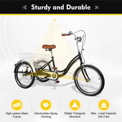 20 Inch Adult Tricycle, White /Black 3 Wheel Bike Trike Cruiser Single Speed Elderly Bicycle w/Shopping Basket Adjustable Seat