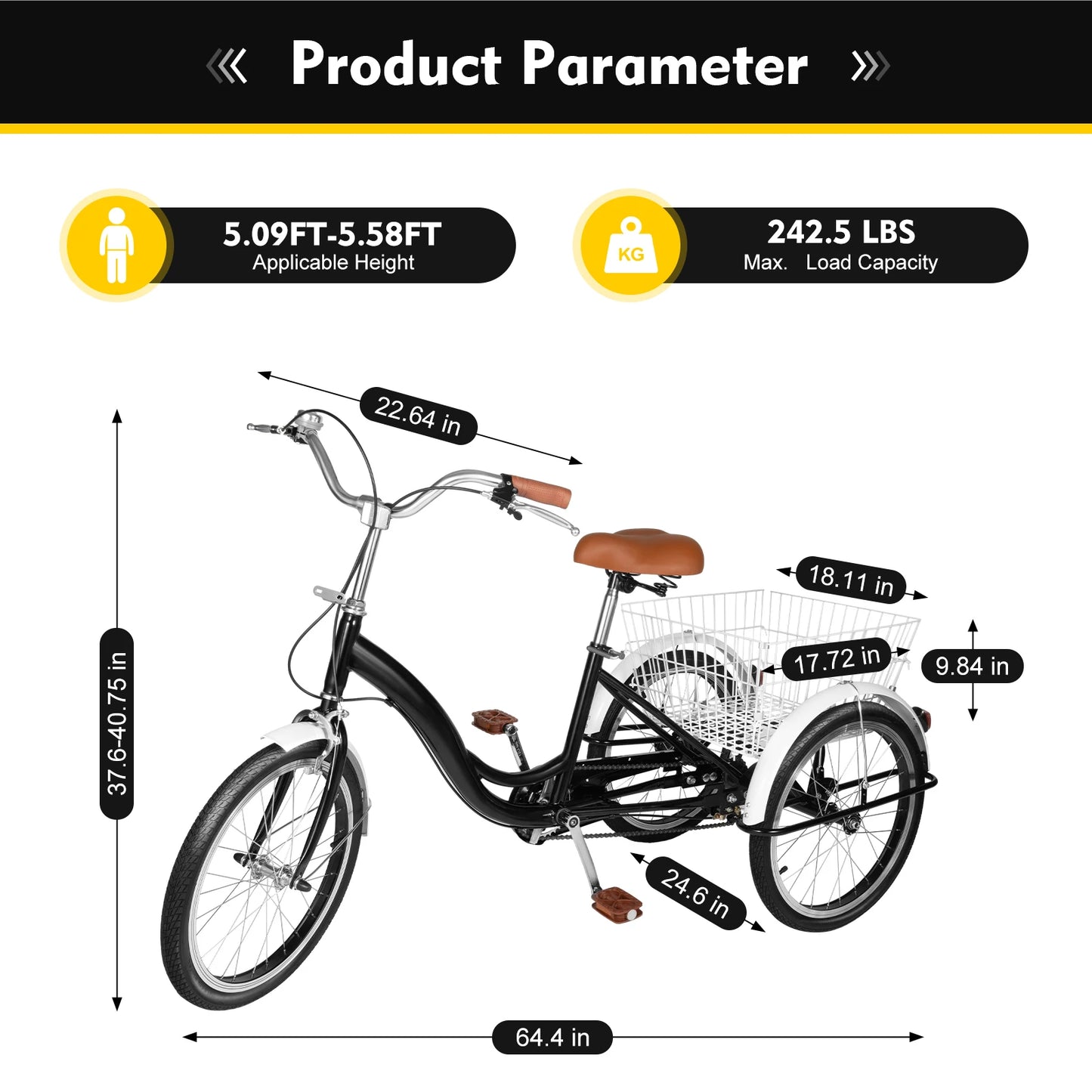 20 Inch Adult Tricycle, White /Black 3 Wheel Bike Trike Cruiser Single Speed Elderly Bicycle w/Shopping Basket Adjustable Seat