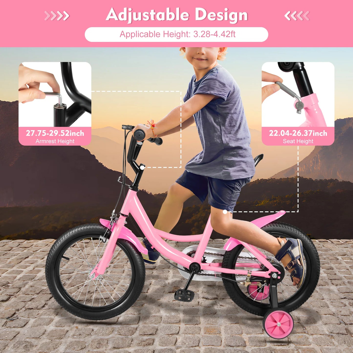 16 inch Children's Bicycle with Training Wheel for 5-8 Year-Old Kids, 100-135cm Height Adjustable Bike Bearing 50KG