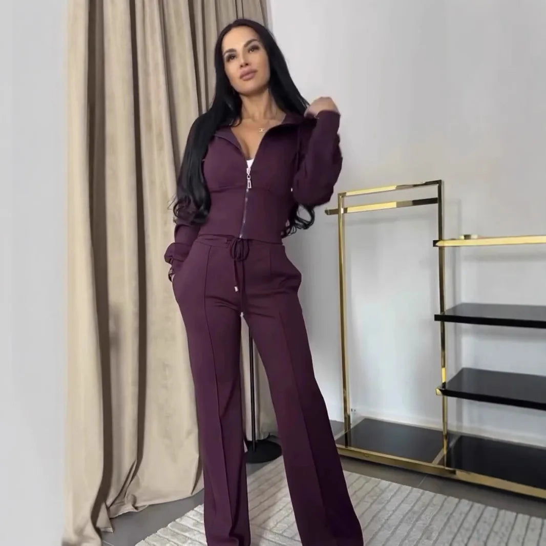 2025 Sweat Suit Set Womens Slim Solid Color Zipper Short Long Sleeve Wide-leg Trousers Conjunto De 2 Piezas Para Mujer Pantalon