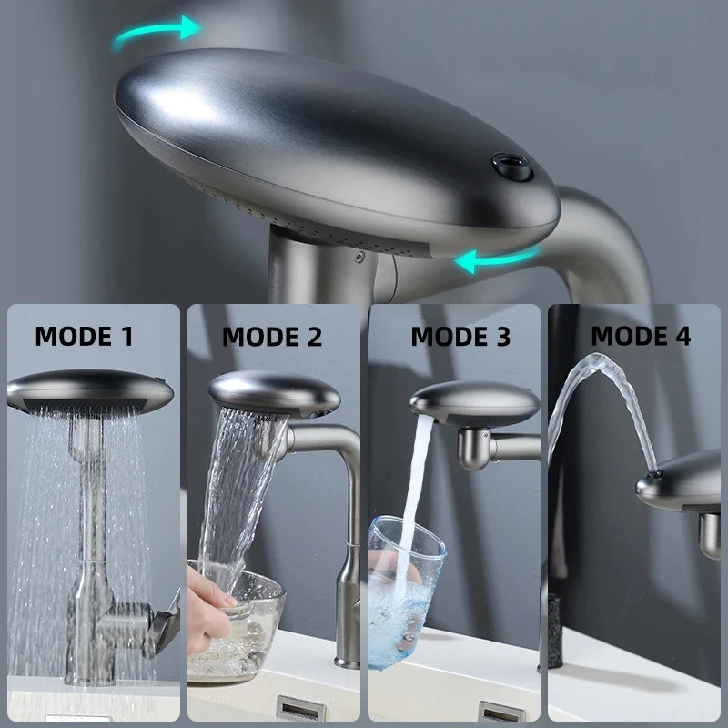 Torneira tipo cascata giratória multimodo 360° – Torneira misturadora elegante para lavatório de casa de banho