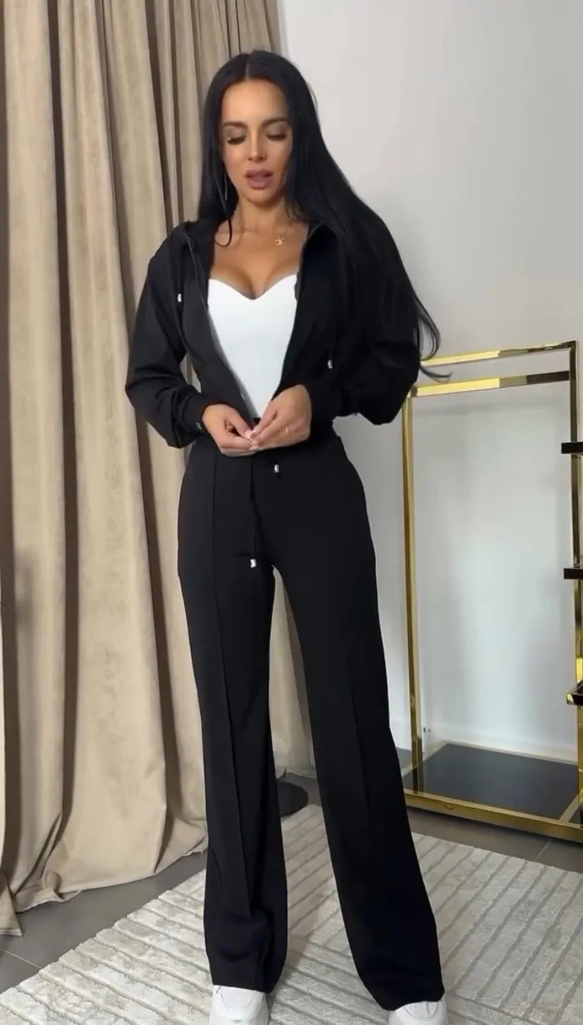 2025 Sweat Suit Set Womens Slim Solid Color Zipper Short Long Sleeve Wide-leg Trousers Conjunto De 2 Piezas Para Mujer Pantalon