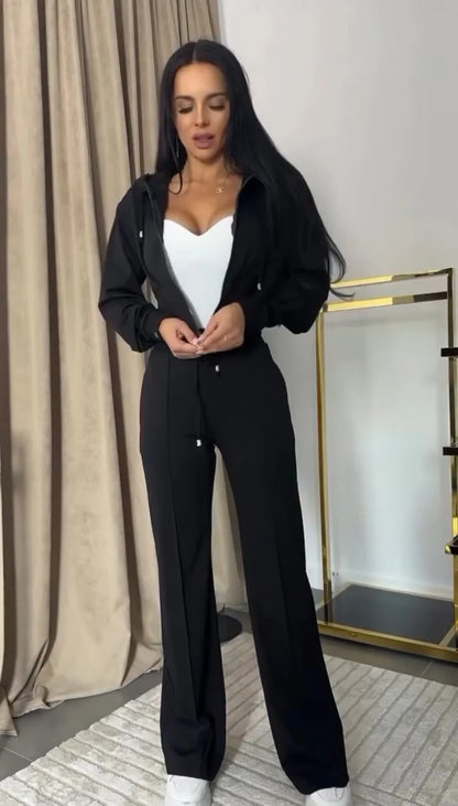 2025 Sweat Suit Set Womens Slim Solid Color Zipper Short Long Sleeve Wide-leg Trousers Conjunto De 2 Piezas Para Mujer Pantalon