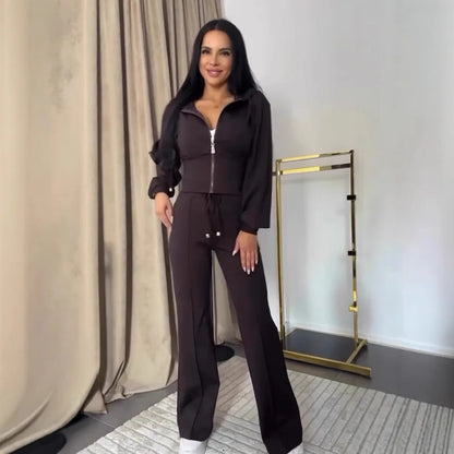 2025 Sweat Suit Set Womens Slim Solid Color Zipper Short Long Sleeve Wide-leg Trousers Conjunto De 2 Piezas Para Mujer Pantalon