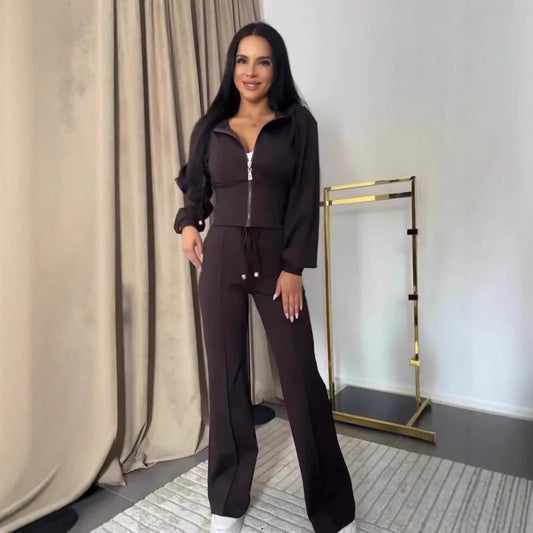 2025 Sweat Suit Set Womens Slim Solid Color Zipper Short Long Sleeve Wide-leg Trousers Conjunto De 2 Piezas Para Mujer Pantalon