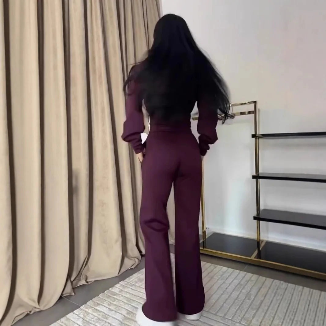 2025 Sweat Suit Set Womens Slim Solid Color Zipper Short Long Sleeve Wide-leg Trousers Conjunto De 2 Piezas Para Mujer Pantalon