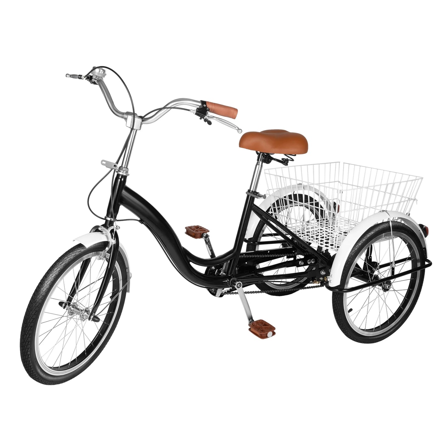 20 Inch Adult Tricycle, White /Black 3 Wheel Bike Trike Cruiser Single Speed Elderly Bicycle w/Shopping Basket Adjustable Seat