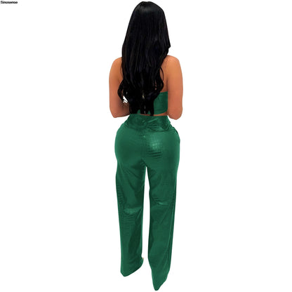 Womens Sexy Chic PU Faux Leather Two 2 Piece Sets Tube Crop Top And Wide Leg Pants Suits Y2K Going Out Night Club Party Outfits