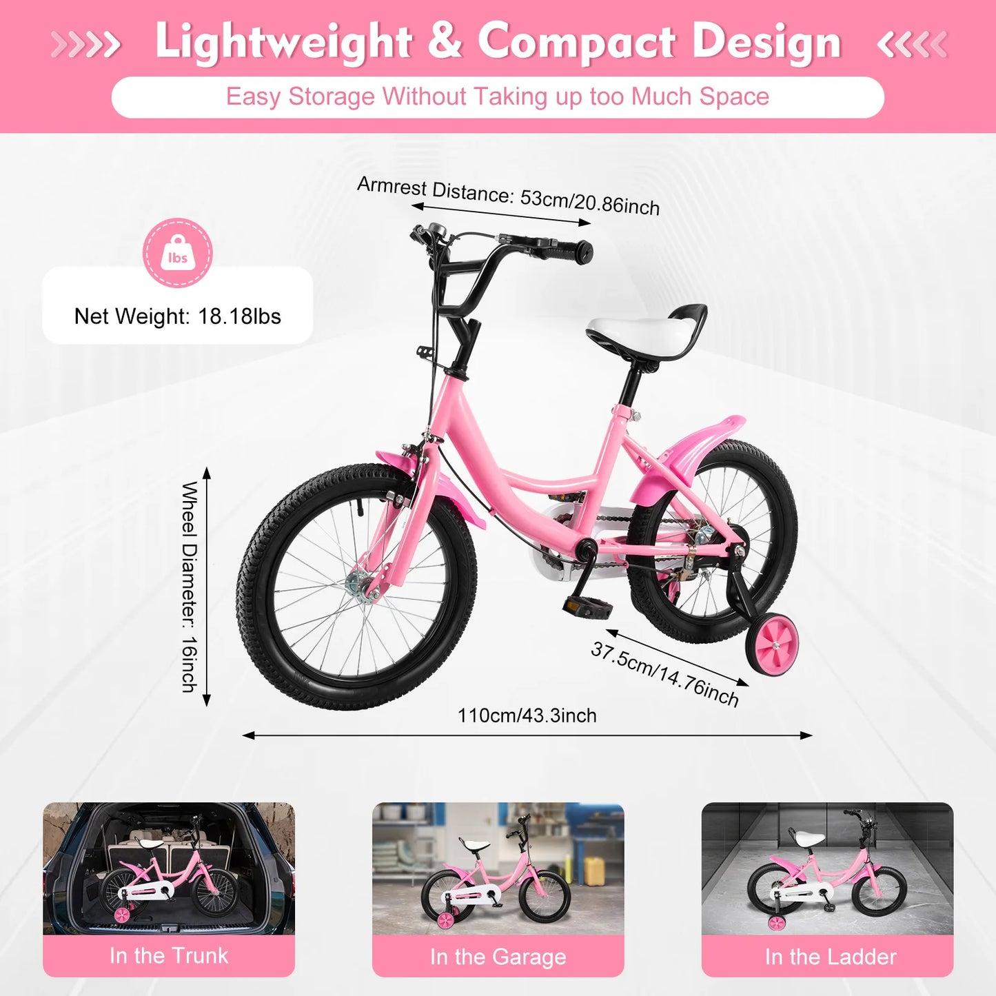 16 inch Children's Bicycle with Training Wheel for 5-8 Year-Old Kids, 100-135cm Height Adjustable Bike Bearing 50KG
