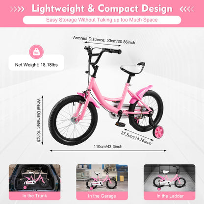 16 inch Children's Bicycle with Training Wheel for 5-8 Year-Old Kids, 100-135cm Height Adjustable Bike Bearing 50KG
