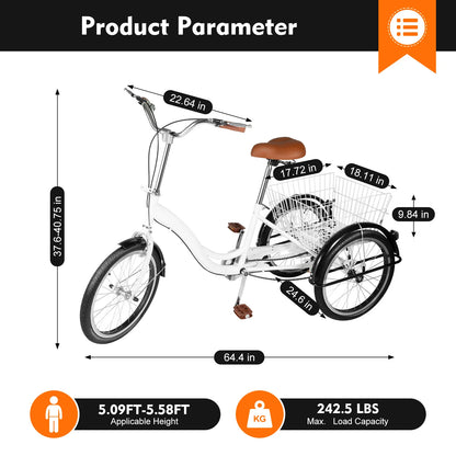 20 Inch Adult Tricycle, White /Black 3 Wheel Bike Trike Cruiser Single Speed Elderly Bicycle w/Shopping Basket Adjustable Seat