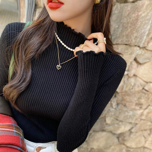 Elegant Women Knitted Primershirt Fashion Ruffled Knitted Pullover Long Sleeved Sweater Autumn Winter Slim Casual Solid Tops
