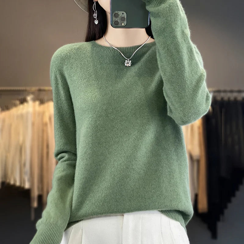 100% Pure Wool Cashmere Sweater Women's O-Neck Pullover Knitted Casual Sweater Winter New Long-Sleeved Warm High-Grade Jumper