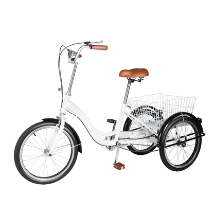 20 Inch Adult Tricycle, White /Black 3 Wheel Bike Trike Cruiser Single Speed Elderly Bicycle w/Shopping Basket Adjustable Seat