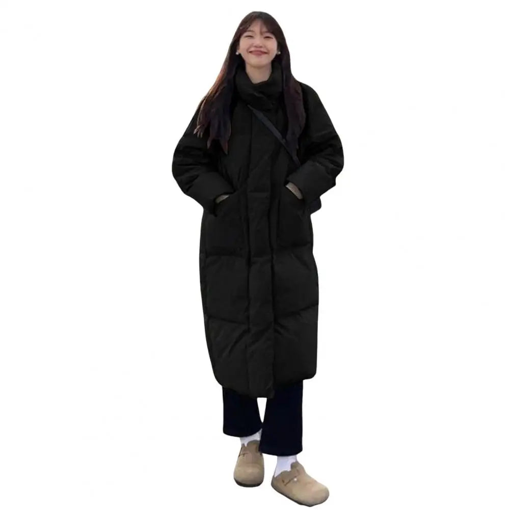 Winter Down Coat Thickened Padded Stand Collar Knee Length Pockets Cotton Jacket Zipper Closure Windproof Women Down Coat Parkas