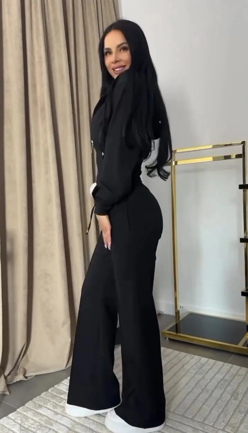 2025 Sweat Suit Set Womens Slim Solid Color Zipper Short Long Sleeve Wide-leg Trousers Conjunto De 2 Piezas Para Mujer Pantalon
