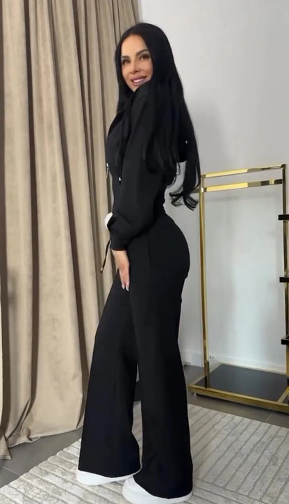 2025 Sweat Suit Set Womens Slim Solid Color Zipper Short Long Sleeve Wide-leg Trousers Conjunto De 2 Piezas Para Mujer Pantalon