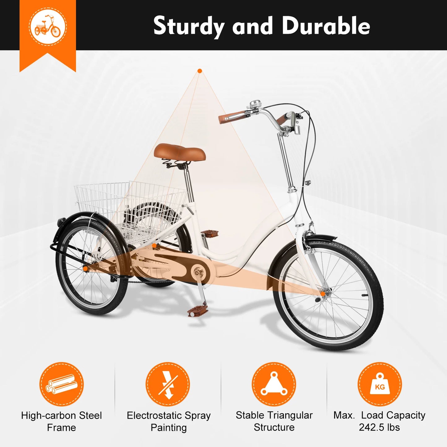 20 Inch Adult Tricycle, White /Black 3 Wheel Bike Trike Cruiser Single Speed Elderly Bicycle w/Shopping Basket Adjustable Seat