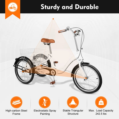 20 Inch Adult Tricycle, White /Black 3 Wheel Bike Trike Cruiser Single Speed Elderly Bicycle w/Shopping Basket Adjustable Seat
