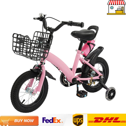 12 Inches Children's Bicycle with Training Wheels, Bottle Holder, Basket| Blue/Red/Pink Kids Bike for 2-5 Years