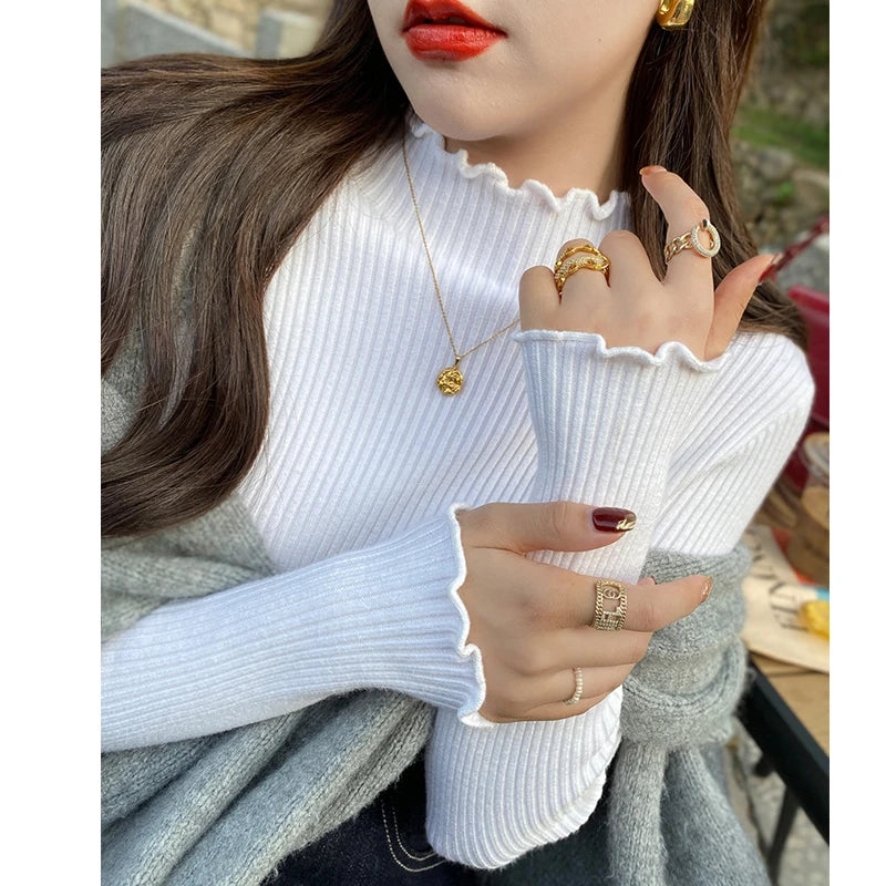 Fashion Ruffled Knitted Pullover Long Sleeved Sweater Women Bottoming Inner Shirt Elegant Autumn Winter Slim Casual Basic Tops