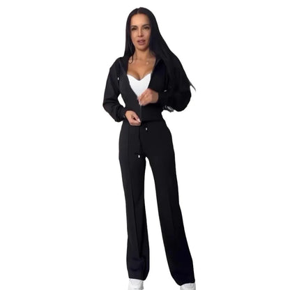 2025 Sweat Suit Set Womens Slim Solid Color Zipper Short Long Sleeve Wide-leg Trousers Conjunto De 2 Piezas Para Mujer Pantalon