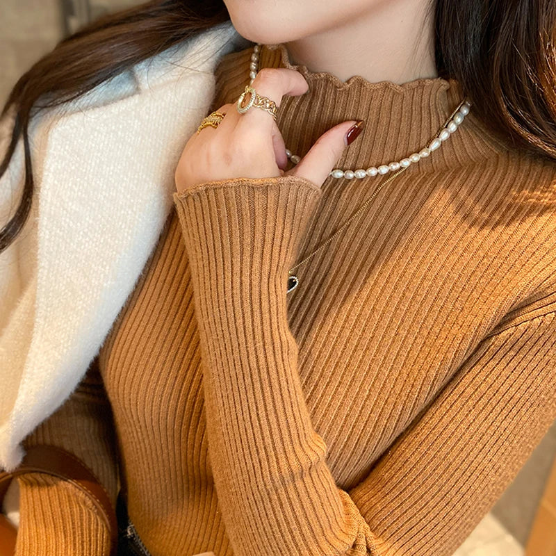 Fashion Ruffled Knitted Pullover Long Sleeved Sweater Women Bottoming Inner Shirt Elegant Autumn Winter Slim Casual Basic Tops