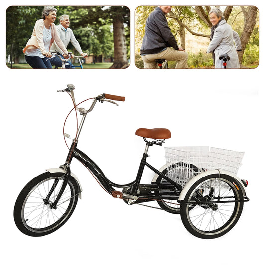 20 Inch Adult Tricycle, White /Black 3 Wheel Bike Trike Cruiser Single Speed Elderly Bicycle w/Shopping Basket Adjustable Seat
